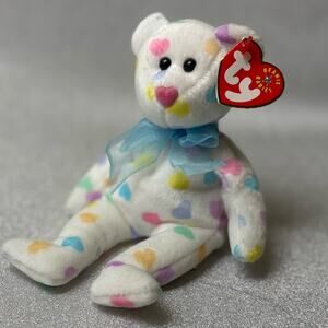 TY Beanie Baby “Kiss Me”White Plush Bear w/ Colorful Hearts (Hang Tag Attached!)